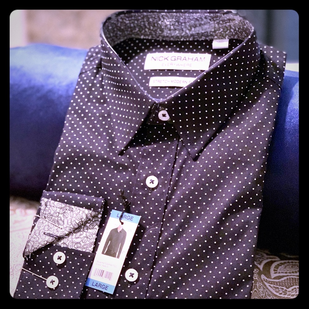 Nick Graham Polka Dot Long Sleeve Navy Shirt